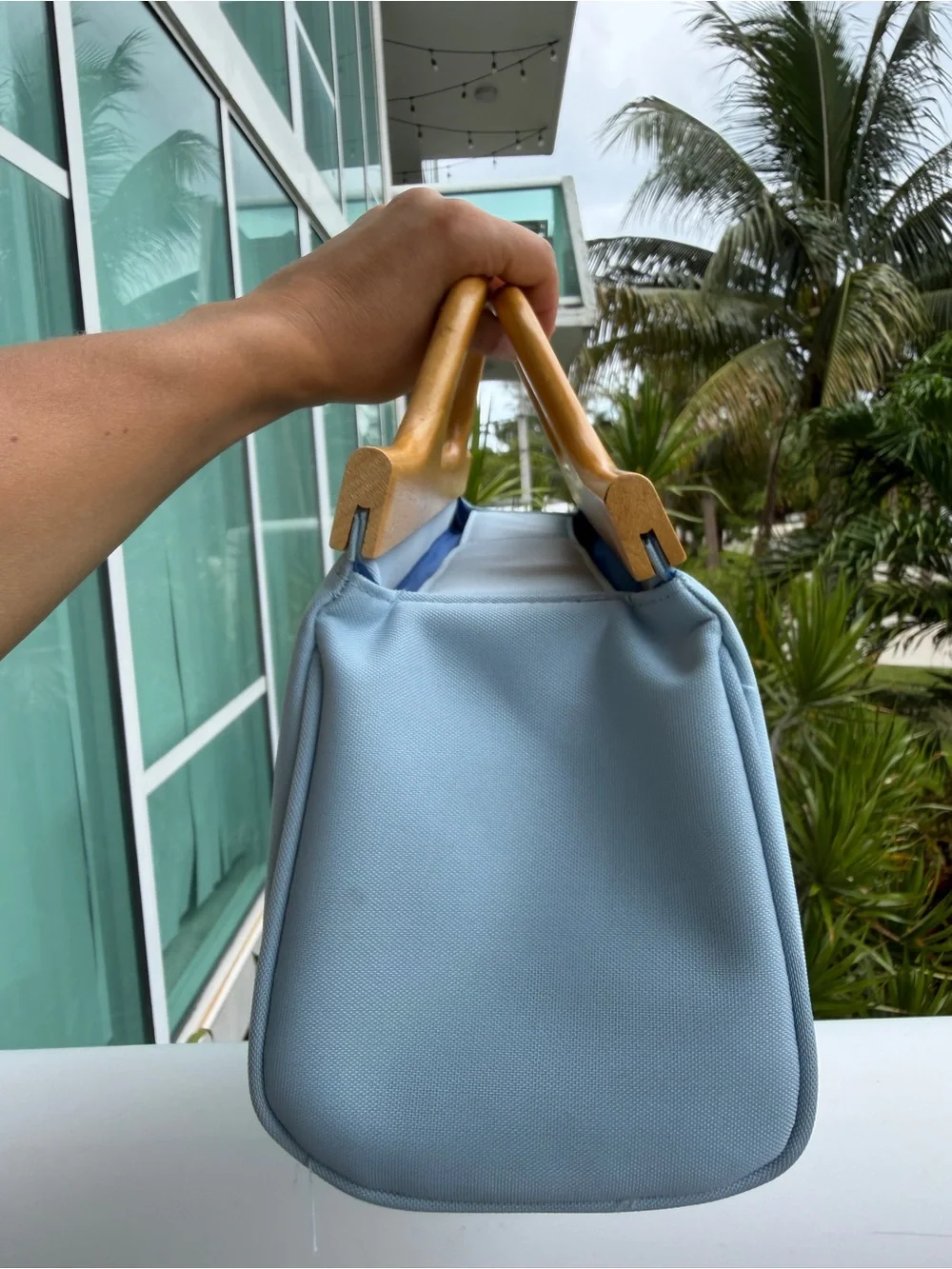 Vintage MCM Wood Handle Handbag Blue Canvas Purse Minimalist Mod Statement Bag
